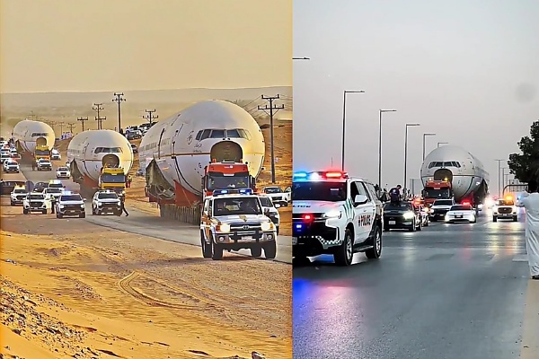 Dozens Of Saudi Police Cars Escort Trucks Carrying Three Retired Aircrafts From Jeddah To Riyadh