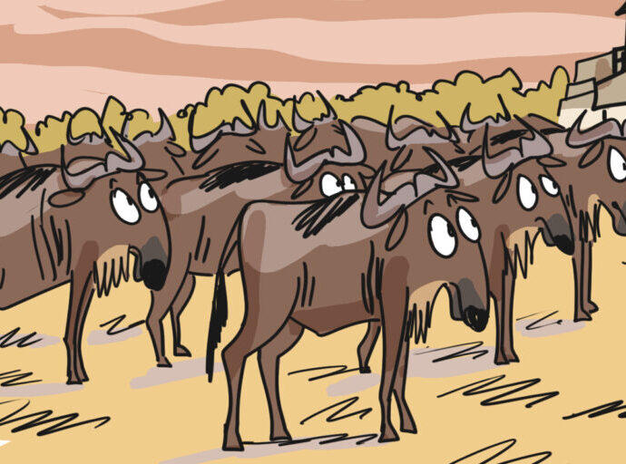 Predators of the Great Wildebeest Migration: Then and now (cartoon)