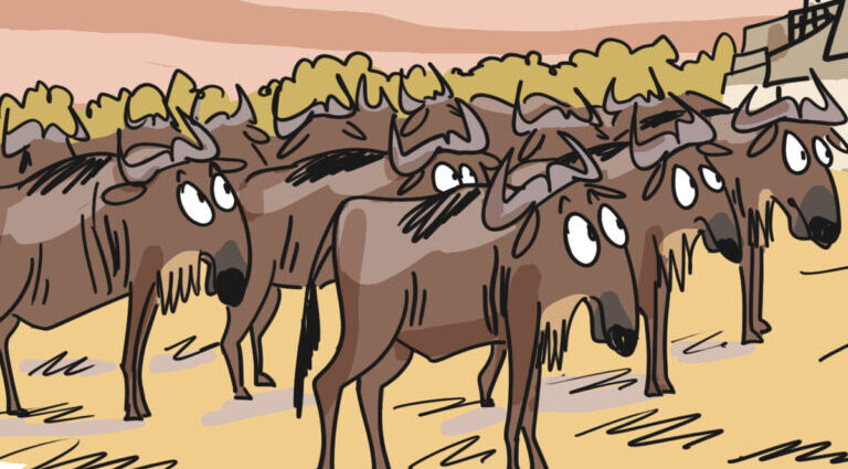 Predators of the Great Wildebeest Migration: Then and now (cartoon)