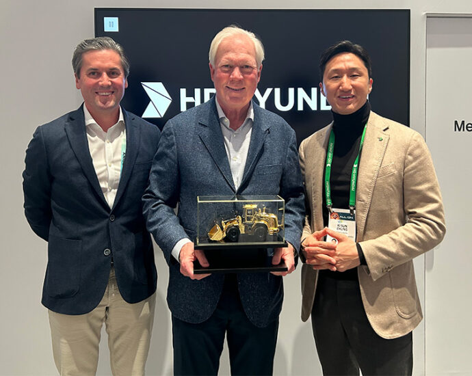 Kisun Chung, Vice Chairman of HD Hyundai, Presents A Golden Loader Award to NED Top Executives During CES Show in Las Vegas